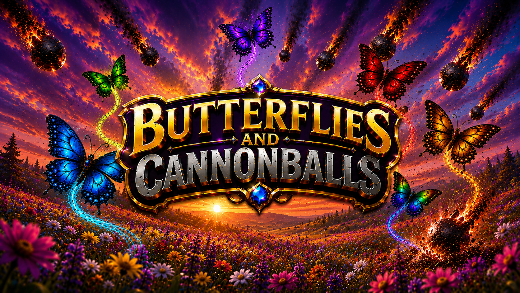 Butterflies and Cannonballs — colorful butterflies and fiery cannonballs over a flower meadow